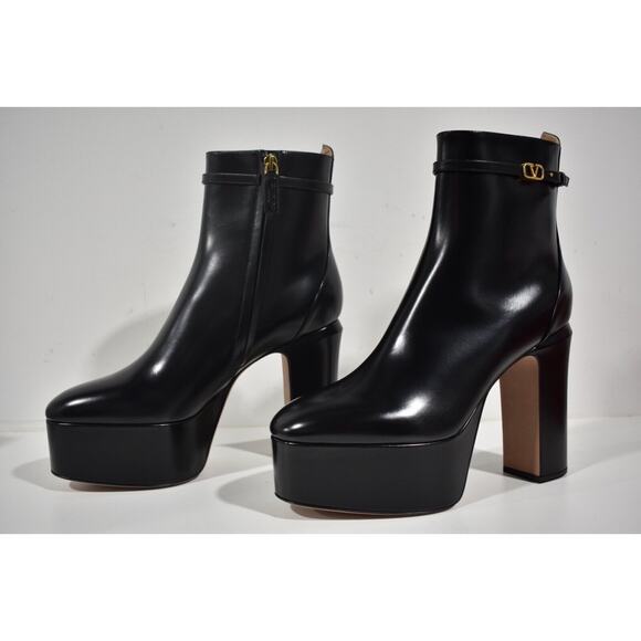 Valentino Tan-go 120 Black Leather Short Ankle Block Heel Platform Boot 41.5 - Picture 9 of 12